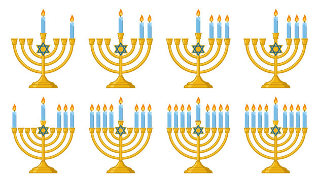 Hanukkah Menorah Vector Icon Set with Golden Candelabras and Blue Candles Showing Lighting Progression for Eight Nights of Jewish Holiday Celebrations