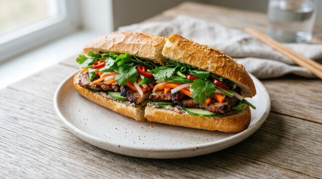 A sandwich with meat, vegetables, and garnishes on a rustic wooden table with a window in the background.