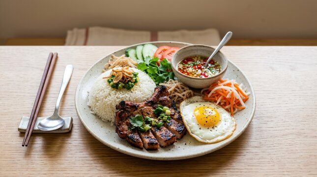 A plate of Vietnamese rice, meat, vegetables, and a fried egg on a wooden table with chopsticks and a bowl of dipping sauce.