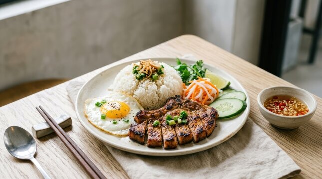 A plate of Vietnamese rice and pork with vegetables and a side of dipping sauce.