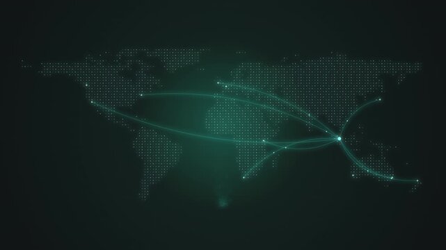 Turquoise particle world map with global route pulses seamless loop