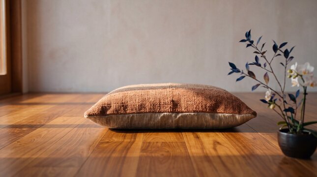 Minimalist Korean interior with woven cushion and blue orchid accents.