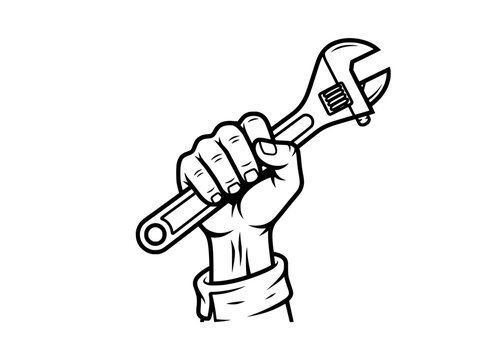 Vintage mechanic hand holding adjustable wrench vector, retro worker fist with spanner tool, industrial repair service icon