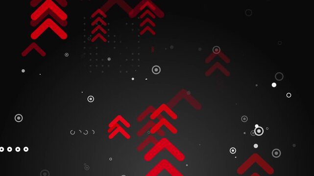 Abstract Financial Graphic with Ascending Red Arrows and Floating White Circles and Dots on Dark Gray Background, Dynamic Corporate Success Concept Motion Graphic Overlay for Business Analytics Video.