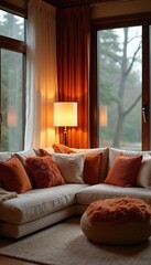 Fototapeta premium Modern living room corner with comfortable sofa, soft pillows. Warm lamp light creates cozy atmosphere for home relaxation during evening hours. Interior design features beige furniture large