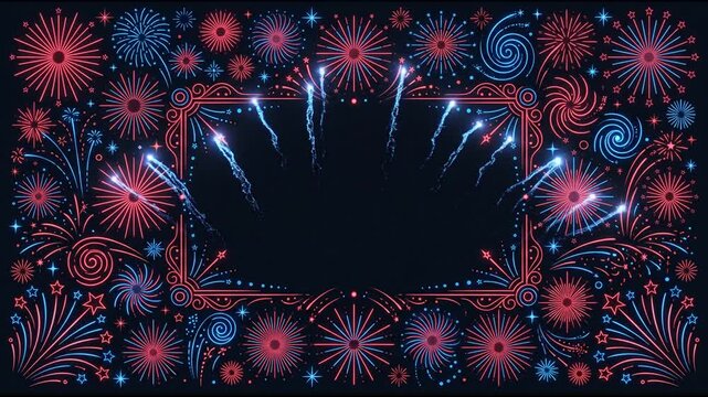 Festive red and blue fireworks border bursting around central copy space for holiday celebration.