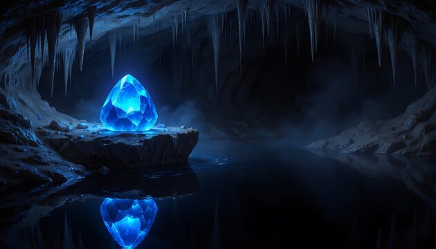 Glowing blue crystal in dark underground cave, magical luminous gemstone on rock, mystical cavern with stalactites and water reflection