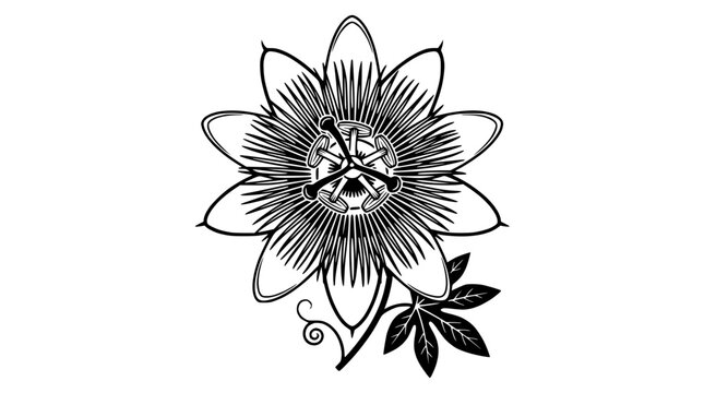Intricate Black and White Passiflora Flower Illustration on White Background