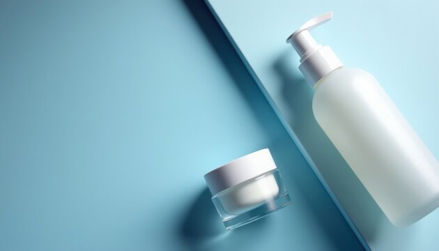White cosmetic bottles sit on blue paper background. Minimalist skincare product container set features cream jar, lotion pump dispenser. Clean beauty industry design mockups offer hygiene wellness