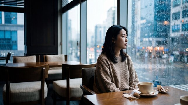 Pensive Korean woman sits in a caf&eacute; watching the rain through window.