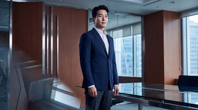 Korean businessman in navy suit standing confidently in modern office setting