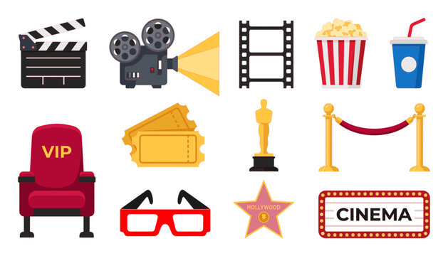 Cinema and Movie Theater Entertainment Icon Set Featuring Projector, Film Reel, Popcorn, VIP Seat, Hollywood Star, and Award Trophy Symbols for Media Entertainment Graphic Designs