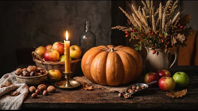 Autumnal table setting with pumpkin, apples, nuts and candle at home
