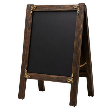 Vintage rustic wooden aframe chalkboard sign with decorative gold corner accents isolated on transparent background
