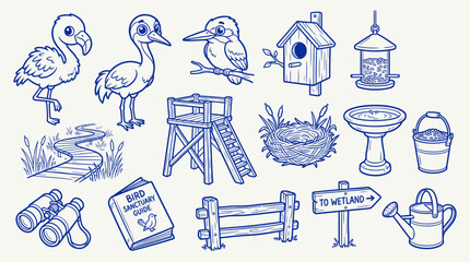 Naklejka premium Collection of hand-drawn illustrations related to birdwatching and nature conservation.