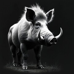 Fototapeta premium Monochrome charcoal drawing of wild boar standing on ground. Artistic portrait features large tusks plus textured fur in minimalist style. Dark background emphasizes detailed animal silhouette.