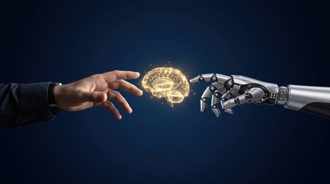 Human hand reaching to robotic hand with glowing brain between them, artificial intelligence, collaboration between man and machine, future technology innovation, neural network