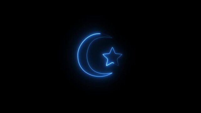 Neon Crescent Moon and Star neon icon animation depicting the Islamic symbol of a crescent moon and star on a black background, 4k video.motion..