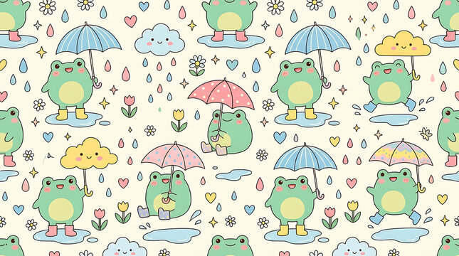 Cute seamless pattern with happy frogs holding umbrellas and playing in the rain