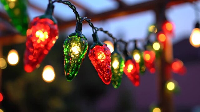 Red and green chili pepper shaped string lights glowing outdoors at dusk