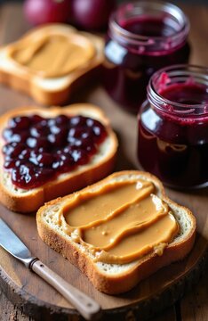 Creamy peanut butter, sweet grape jelly spread on sliced white bread toast. Two glass jars sit on rustic wooden table with metal knife nearby. Simple morning meal for kids quick tasty snack for