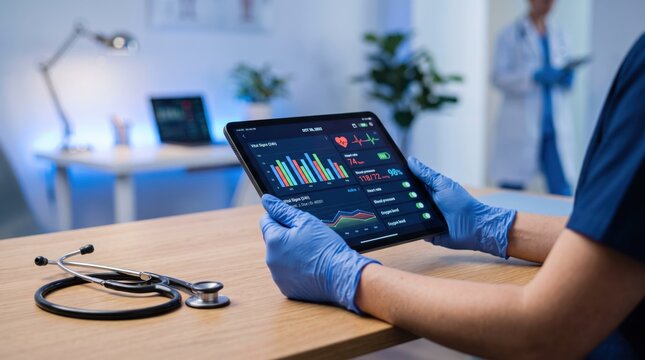 Doctor analyzing patient health statistics on tablet computer in modern clinic, displaying heart rate blood pressure charts and medical data, healthcare professional monitoring