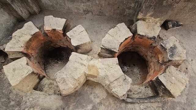 Close-up footage of a traditional double-mouth earthen and brick cooking stove, commonly known as a chulha, built at ground level for wood-fired cooking