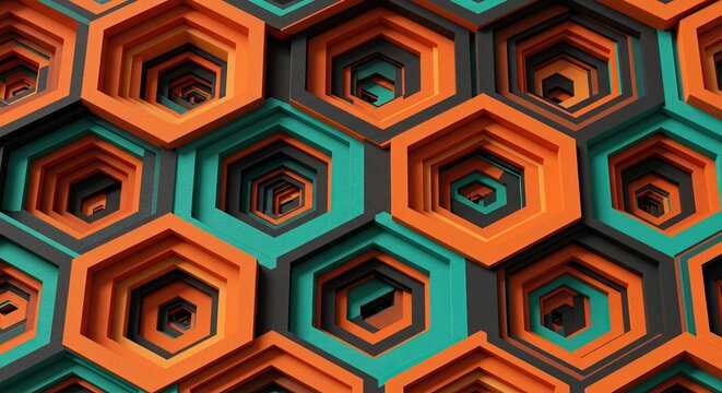 Intricate geometric pattern with hexagonal and octagonal shapes in teal and orange.