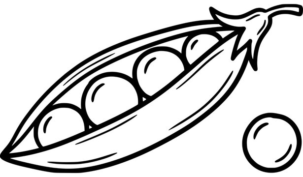 Open Pea Pod with Four Peas and Single Pea Outline Vector Illustration
