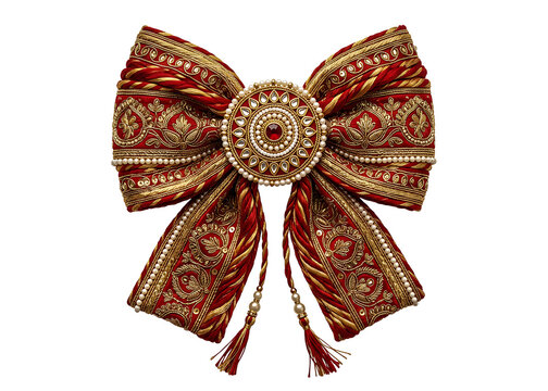Luxury Red and Gold Zari Embroidered Bow PNG Vector with Pearl Kundan Centerpiece