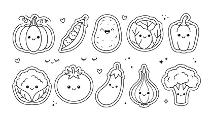 Obraz premium Cute Vegetables Set with Kawaii Faces and Sparkling Details