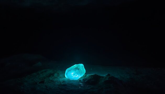 Glowing blue crystal in dark cave, luminous magic gemstone on cavern floor, mysterious radiant mineral in underground grotto