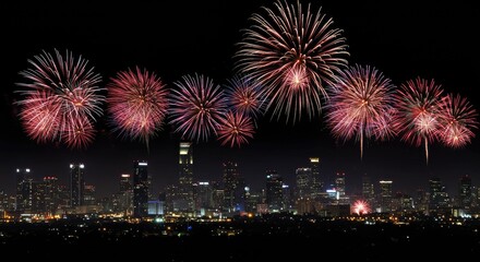 Fototapeta premium Vibrant fireworks illuminating a city skyline at night with reflections on water.