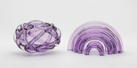 Fototapeta premium Purple glass sculptures featuring interwoven and arched on white
