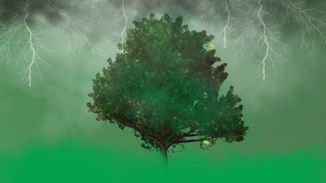 Dramatic green storm background featuring a large leafy tree under striking lightning bolts