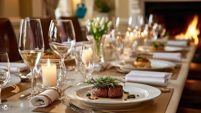 Elegant Dinner Party: A beautifully set long dining table awaits guests, adorned with fine china, crystal glasses, flickering candles, and a gourmet meal.