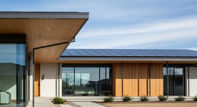 Modern luxury home exterior featuring natural wood siding and solar panels