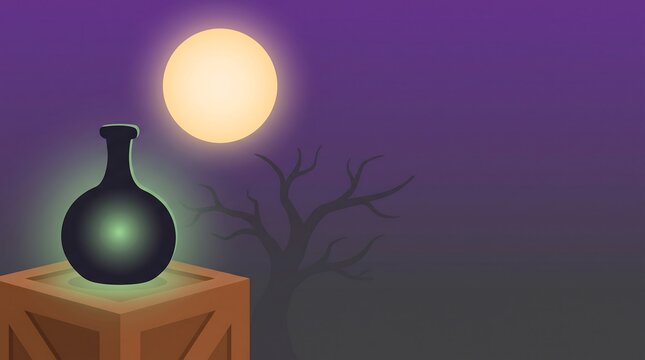 Potion bottle under full moon in dark forest scene