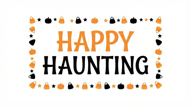 Happy haunting halloween text greeting with festive icon border frame