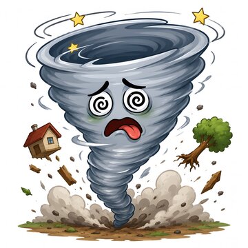 Dizzy panicked tornado storm cartoon character destroying house and tree Generative AI