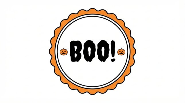 Round halloween boo label with orange border and cute pumpkin icons