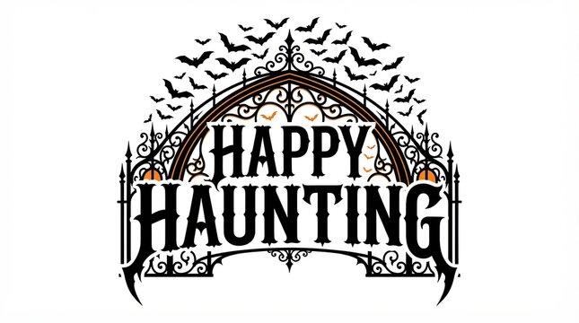 Happy haunting text design with gothic gate and flying bats illustration