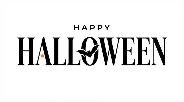 Happy halloween black text with a flying bat isolated on white design