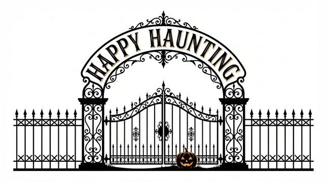 Black wrought iron spooky gate with happy haunting text for halloween