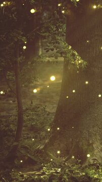 As twilight falls, a serene forest transforms into a magical realm. Tiny fireflies dance in the air, their light flickering softly among the trees, creating a dreamlike atmosphere.