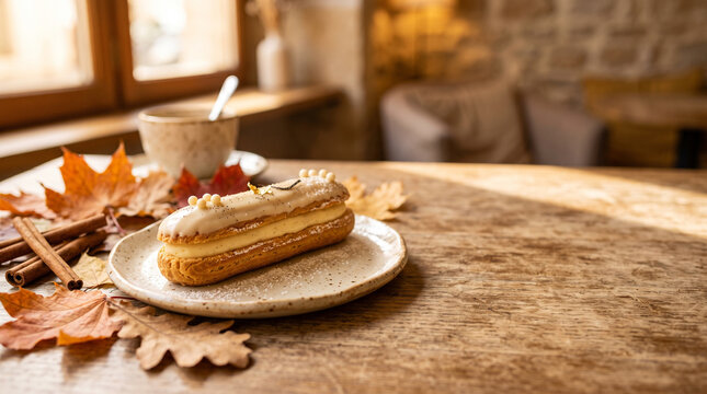vanilla eclair on ceramic plate with autumn leaves and coffee background