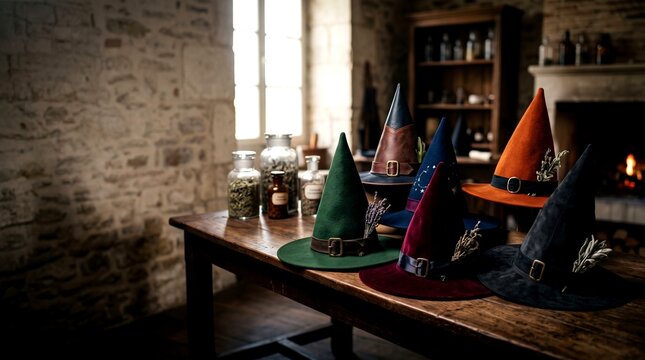 Assorted velvet and leather witch hats sit on a rustic wooden table inside a medieval apothecary workshop with soft natural light