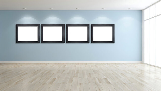 Modern light blue gallery room interior with four blank picture frames on wall