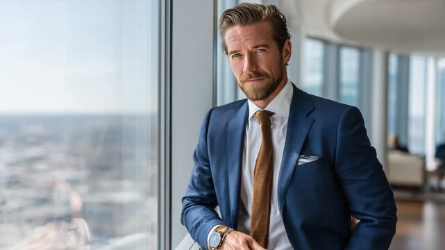Confident Businessman in City View: A sharp businessman in a tailored suit stands confidently by a window overlooking a cityscape, embodying ambition and success.