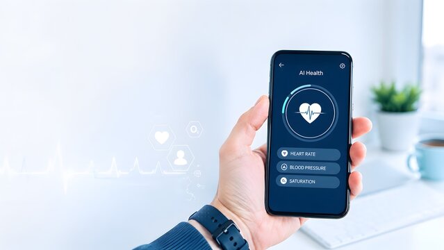 Hand holding smartphone with digital health monitoring application. Concept of telemedicine technology and virtual medical care.